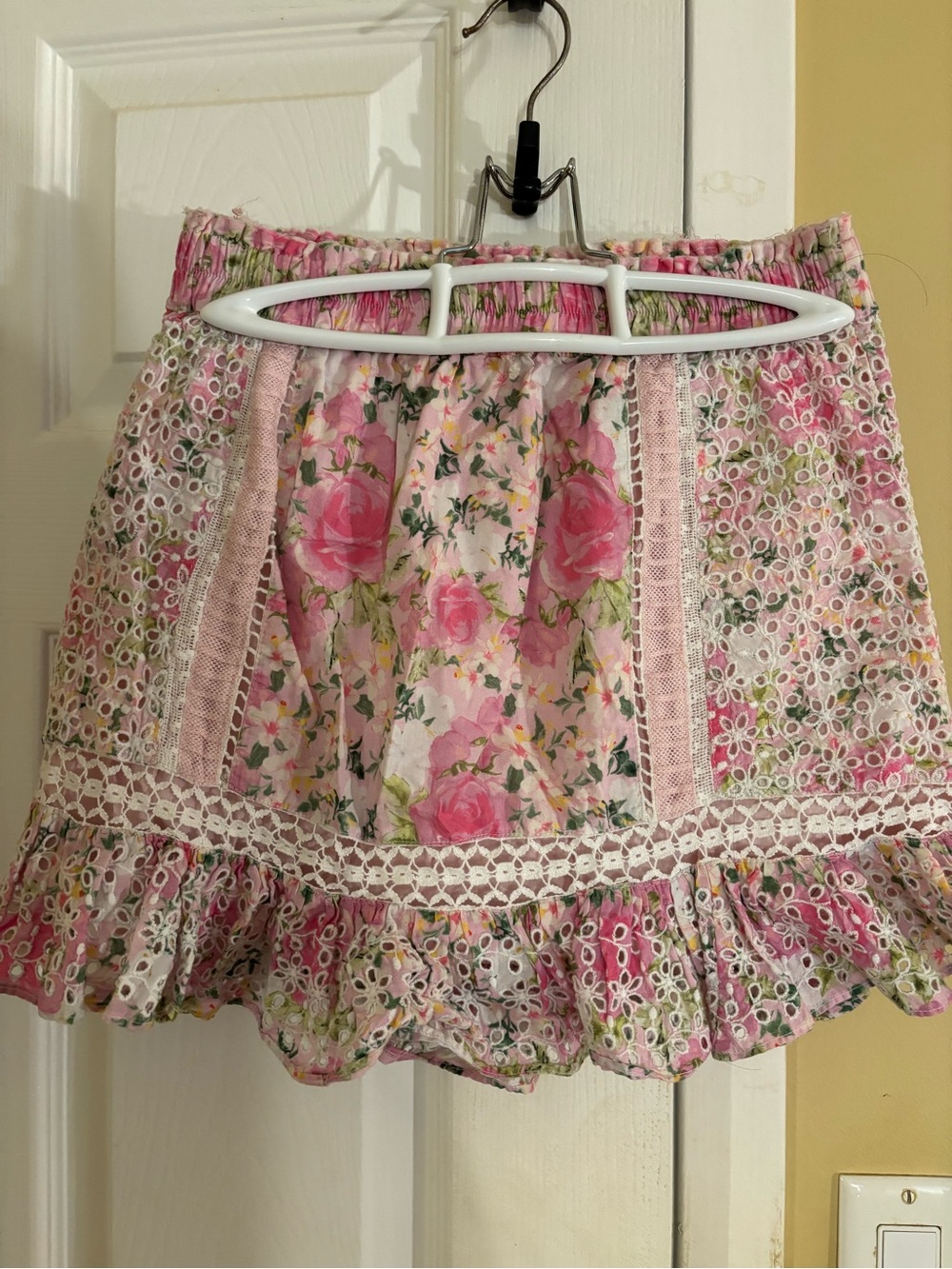 LoveShackFancy Pink Rose Eyelet Ruffle Mini Skirt XS
